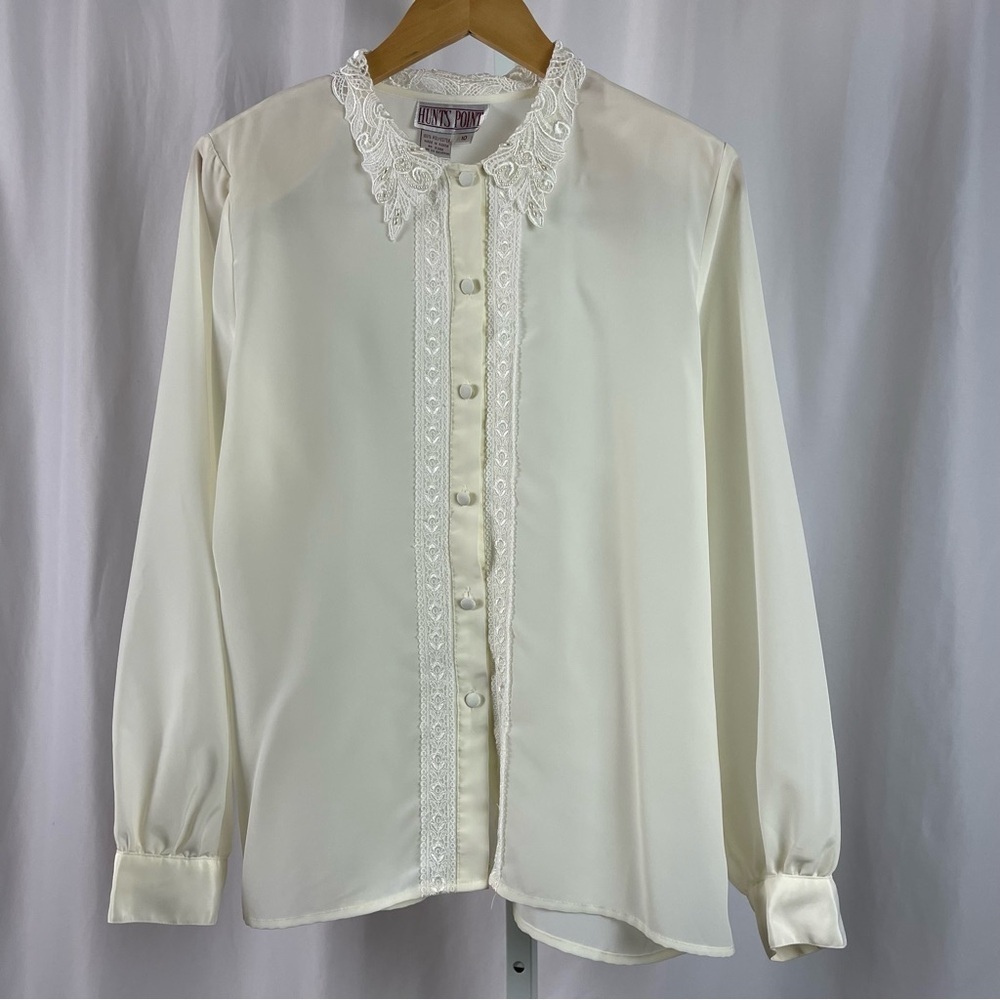 Vintage Hunts Point Size 10 Lace Beaded Collar Satin Fabric Button Blouse Cuff